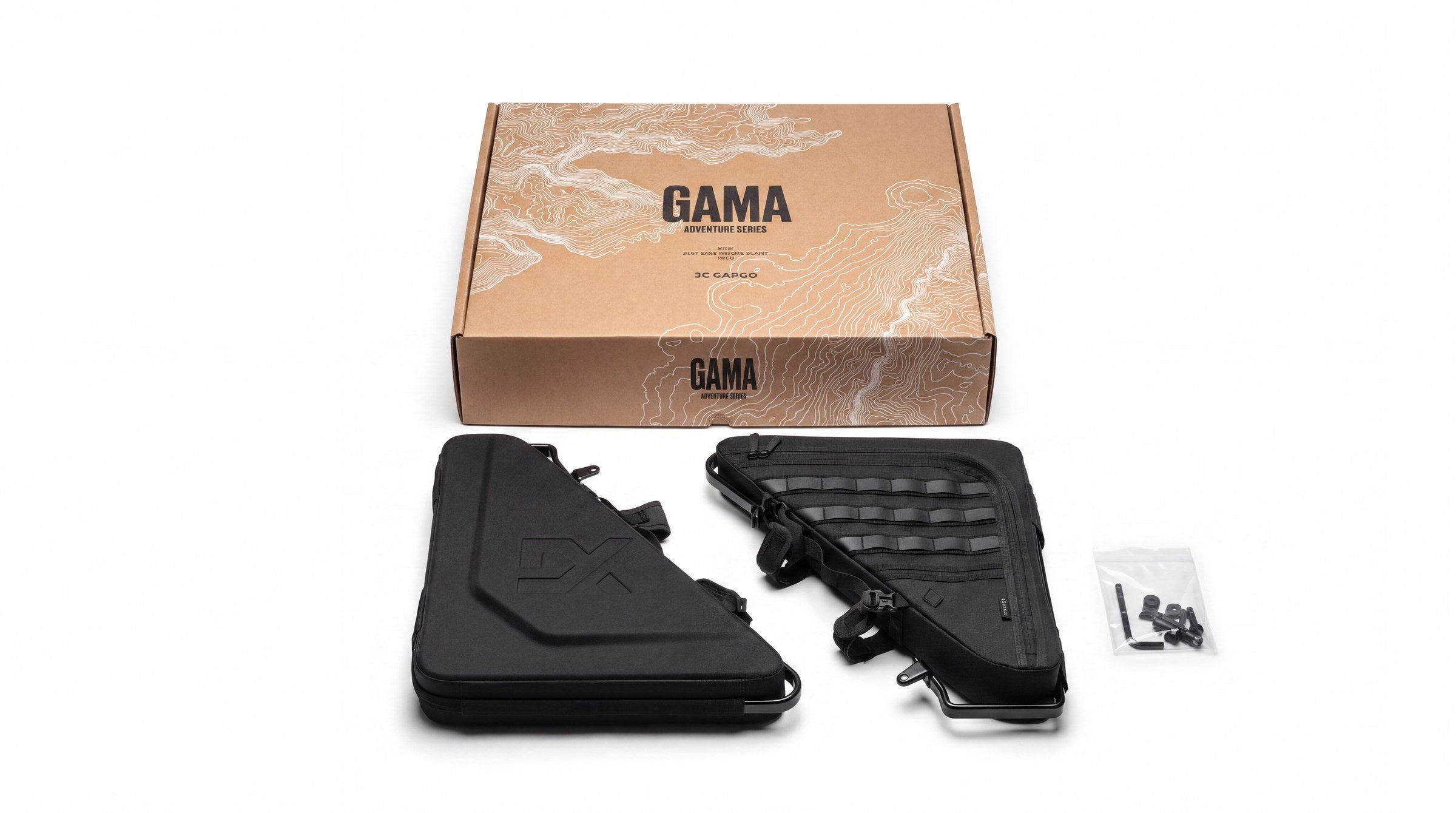 Gama Adventure box contents: two bags, steel-frame roll bar mounts and all mounting hardware