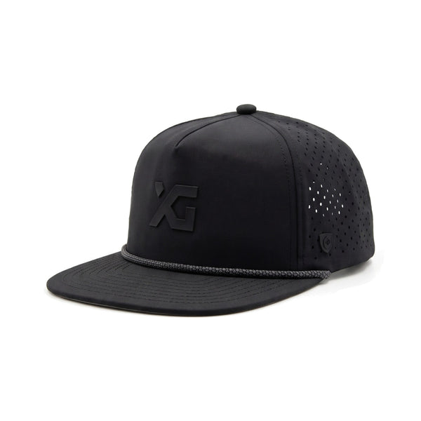 XG Cargo x Suay Drift Hat in Black, rope-brim snapback, angled view