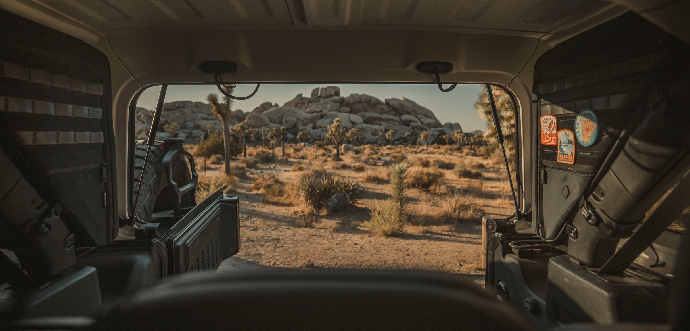 Gama Adventure bags mounted both sides, Joshua Tree through the open tailgate