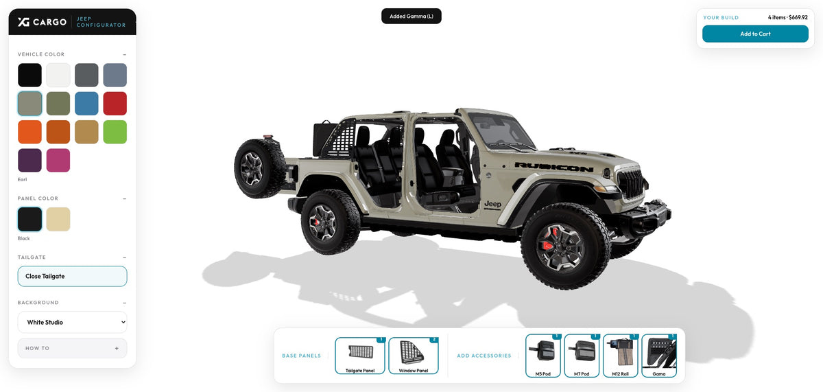 XG Cargo 3D configurator showing a Jeep Wrangler