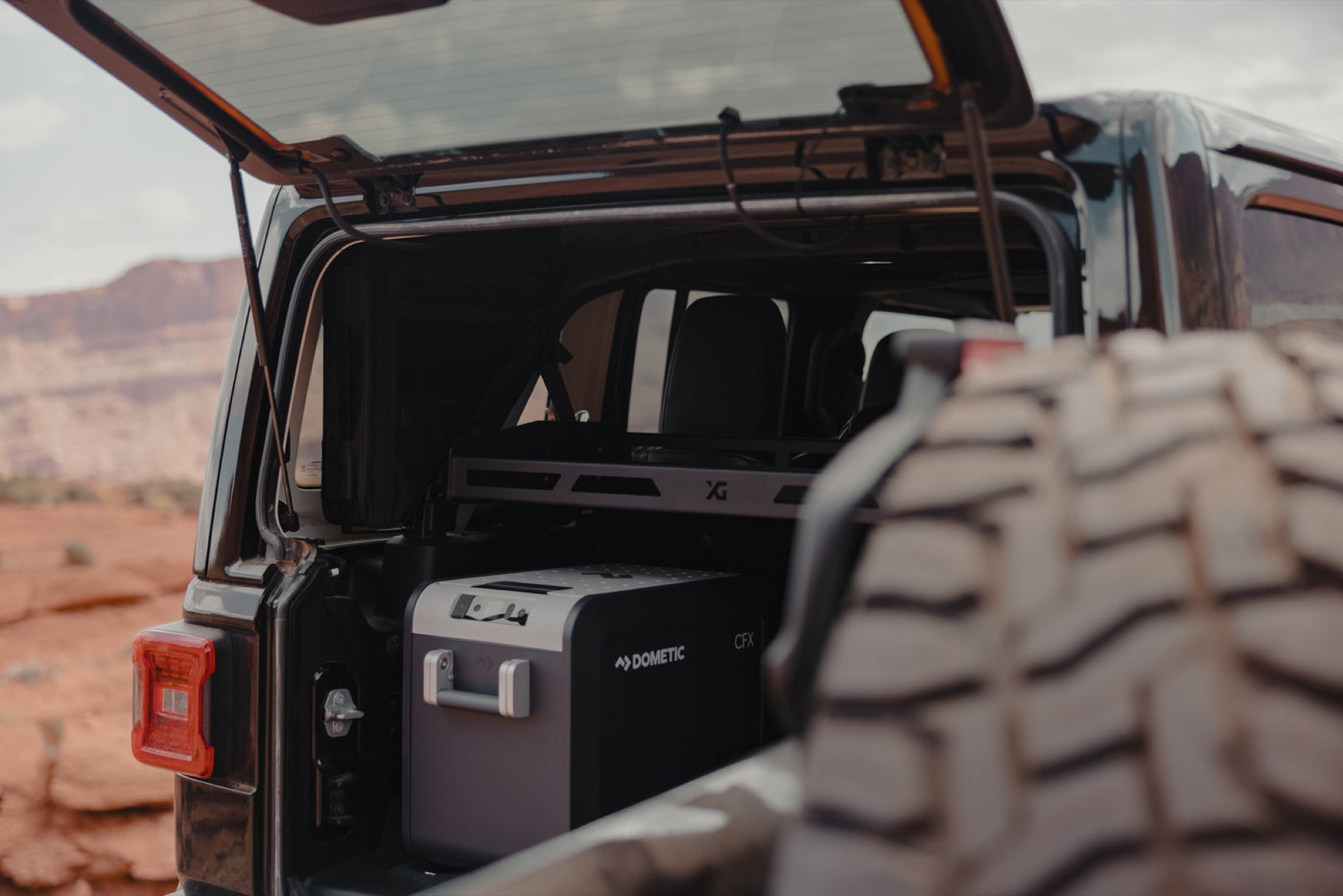 Platform A steel cargo tray in a Jeep Wrangler